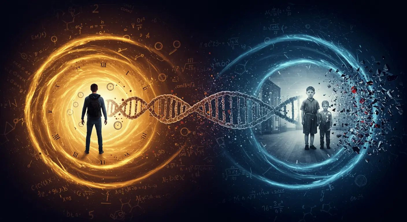 a graphical design of a person travels through time and meets his grand parents